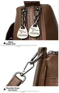 Detail of premium brown lychee pattern leather bag with polished metal zipper and strap buckle