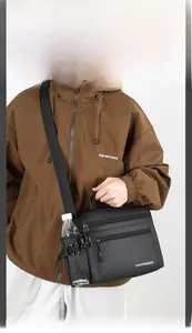 Close-up of waterproof nylon shoulder bag featuring multiple zipper pockets and side water bottle holder
