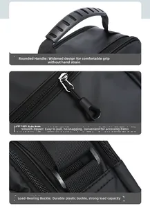 Detail of ergonomic wider handle, smooth zippers and durable D-rings on black crossbody bag