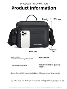 Detail view of black waterproof messenger bag with 28x23x11cm dimensions and front pockets