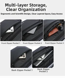 Detailed macro view showing multiple functional zippered pockets of black waterproof bag