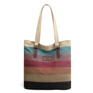 Striped Color Block Canvas Tote Bag Large Capacity Zipper Handbag Retro Casual Daily Shoulder Bag For Women