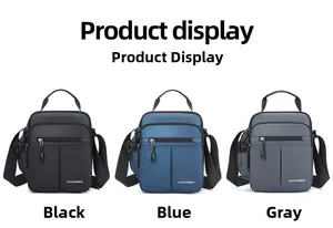 Detailed view of casual men's oxford crossbody bags in black, blue and grey color options