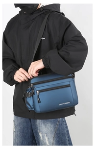 Detail showing deep blue waterproof nylon shoulder bag with multiple functional zippers