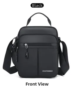 Front view of black multi-pocket oxford cloth messenger bag with sturdy top handle