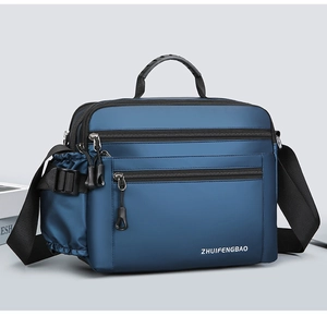 Close-up of blue waterproof nylon messenger bag with multiple zipper compartments