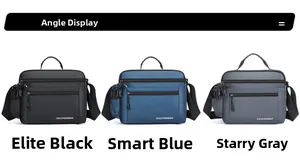 Three men's messenger bags in black, blue, and grey showing waterproof nylon and multiple pockets