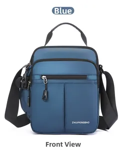 Front view of blue water-resistant Oxford crossbody bag with multi-layer zipper pockets