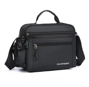 Detail of multi-pocket black waterproof nylon shoulder bag with 45-degree angle display
