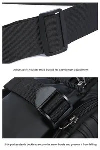 Detail of adjustable strap buckle and durable side pocket clip on black nylon shoulder bag