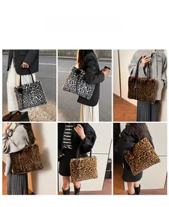 Collage of model carrying a large leopard print plush tote bag in various settings