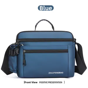 Front detail of blue waterproof messenger bag showing dual zipper pockets and side pouch