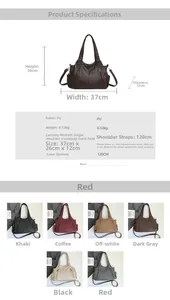 Detailed size chart for retro PU leather tote bag with dimensions 37x26x12cm
