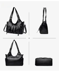 Multiple views showing vintage black tote bag with lychee texture and pleated details