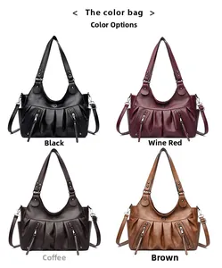 Four color options for large capacity retro tote bag with pleats and zip pocket details
