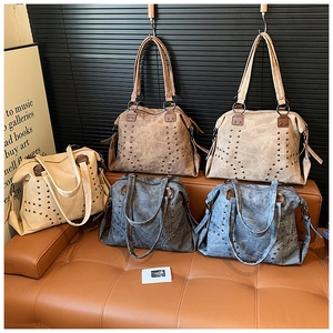 Five vintage tote bags with rivets in ivory, tan, khaki, grey and blue-grey colors
