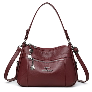 Large capacity burgundy pebble leather shoulder bag with multi-layer zipper pockets