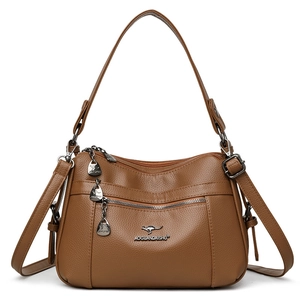 Brown textured leather shoulder bag with multiple zippers and metallic kangaroo logo