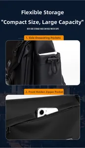 Detail view of water-resistant messenger bag with adjustable side drawstrings and zip pocket