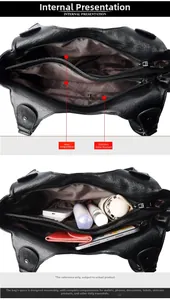 Detailed view of spacious black leather tote interior with multiple compartments and pockets