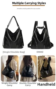 Detailed views of versatile black leather backpack showing shoulder and crossbody options