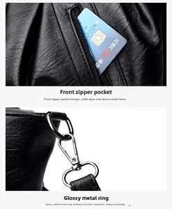 Detail of black lychee leather tote with silver zipper pocket and metal lobster clasp