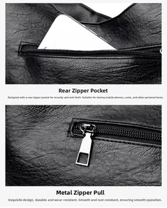 Detail of rear anti-theft zipper pocket on black leather tote with silver metal puller