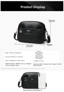 Vista dettagliata della borsa a tracolla nera con dimensioni 21x15x9cm e struttura