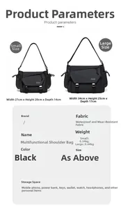 Waterproof techwear messenger bag size comparison showing small and large dimensions