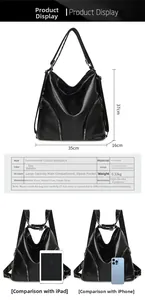 Detailed size comparison of black PU leather backpack with iPad and mobile phone
