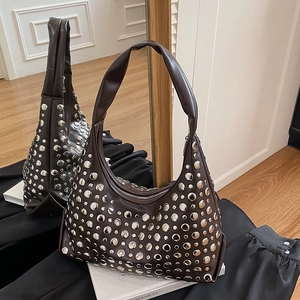 Retro dark coffee hobo bag with silver rivets, minimalist underarm shoulder bag for women