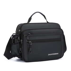 Waterproof black crossbody bag for men with multi-layer zippers and side pocket