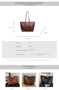 Detailed size chart and specifications for the large PU leather commuter tote bag