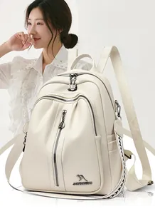 Detail of white lychee texture PU backpack with triple zipper pockets and kangaroo logo