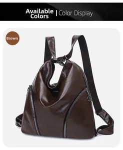 Detail view of vintage brown faux leather backpack with metallic zippers and lychee texture