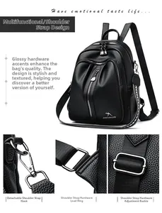 Detailed views of the lychee pattern PU leather backpack with silver zippers and metal hooks