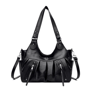 Vintage Pleated PU Leather Tote Bag Women Large Capacity Shoulder Crossbody Handbag Multi Pockets Retro Commuter Ladies Satchel