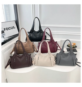 Litchi pattern leather tote bags in six colors with dual zipper pockets and top handles