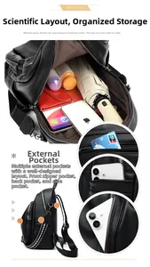 Detailed view of black litchi pattern backpack showing interior storage and metal zipper