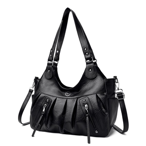 Classic black faux leather tote bag with stylish pleated design and double zipper pockets