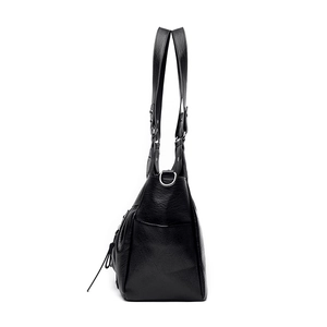 Retro black PU leather tote bag with pleated texture and dual wide shoulder straps