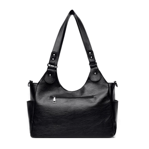 Black large capacity faux leather tote bag with functional back zipper pocket and side slots