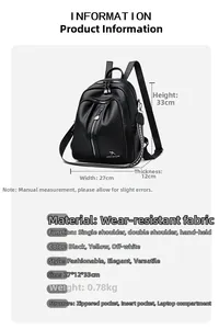 Detailed view of black PU leather backpack specifications, multi-function straps and texture