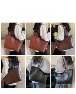 Collage of model wearing vintage textured large capacity tote bags in multiple colors