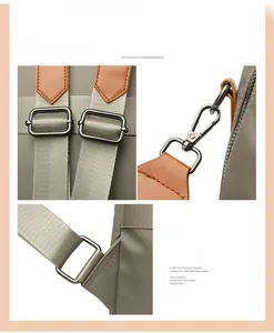 Detail of gunmetal plating hardware and adjustable straps on a gray nylon backpack