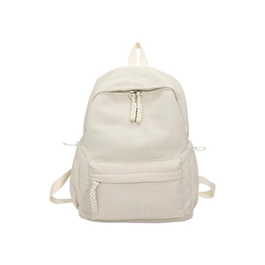 Minimalist cream corduroy backpack with dual zippers and side drawstring pockets