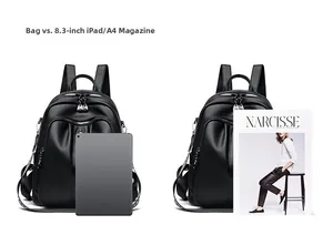 Litchi pattern PU backpack size comparison with an 8.3-inch iPad and A4 magazine