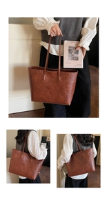 Three-angle views showing the vintage brown leather texture and large tote bag capacity