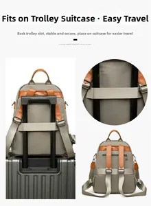 Detail of khaki nylon backpack featuring a luggage strap for secure suitcase attachment