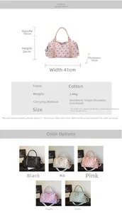 Size chart and five color options for the strawberry print large capacity travel bag